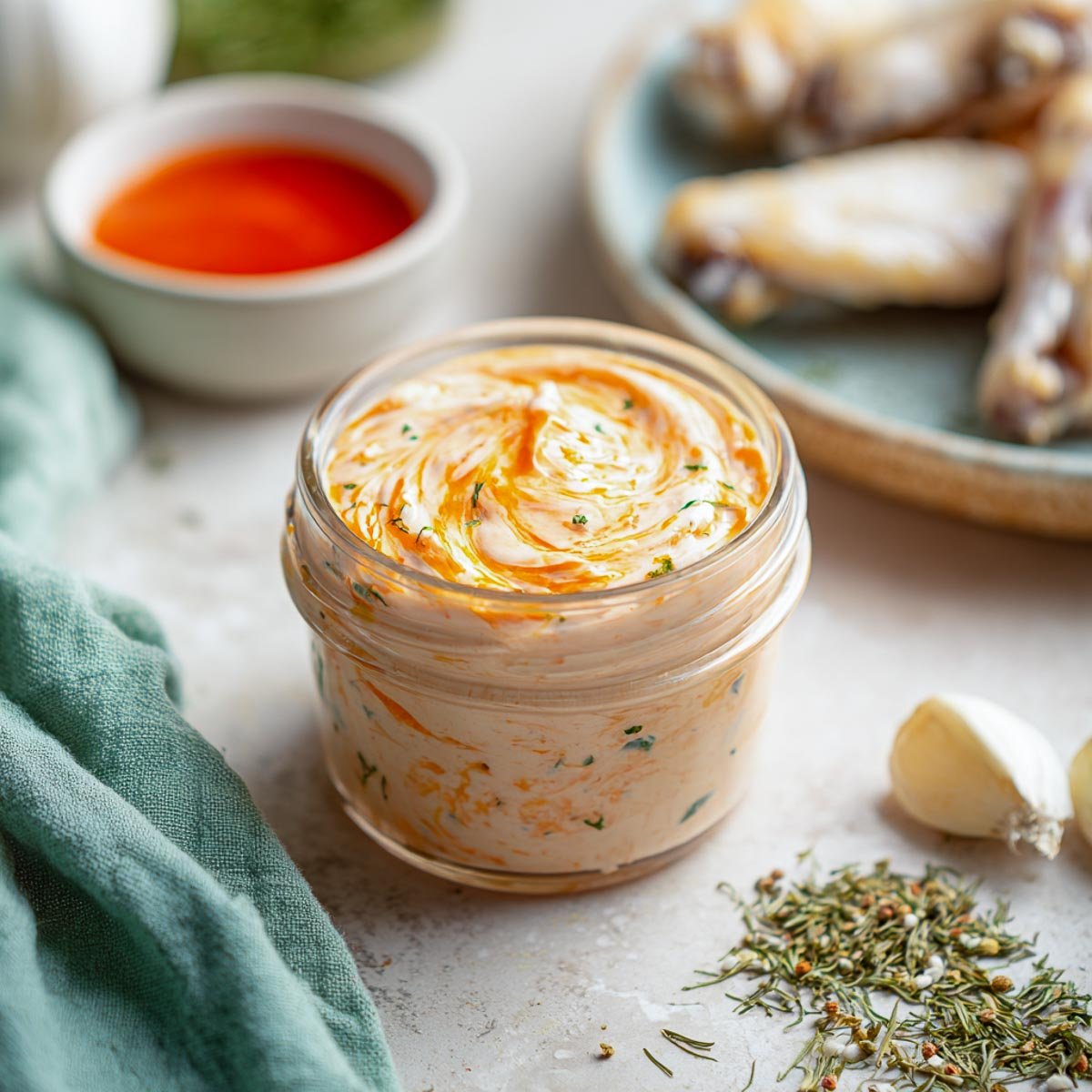 Buffalo ranch yogurt marinade in a glass jar with raw chicken wings in background.