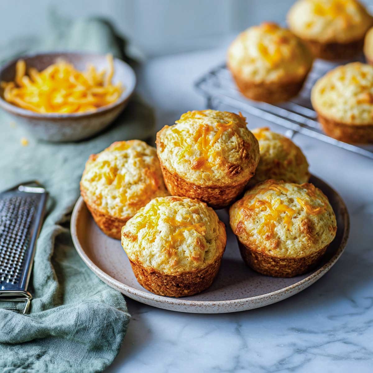 Angled view of golden cheddar muffins with cottage cheese, bowl of shredded cheese, and grater.