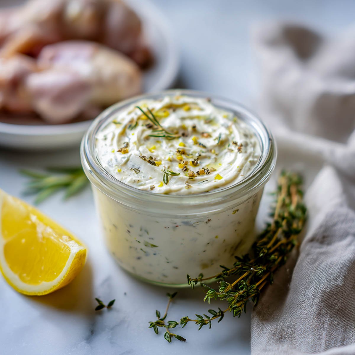 Creamy lemon herb yogurt marinade in a glass jar with fresh thyme and lemon.