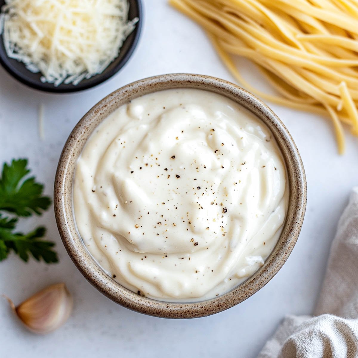 Bowl of creamy cottage cheese Alfredo sauce topped with black pepper, surrounded by Parmesan, garlic, and pasta on a white marble background.