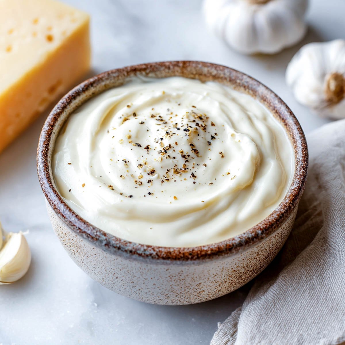 Side view of a rustic ceramic bowl filled with smooth Alfredo sauce made from cottage cheese, topped with cracked black pepper.