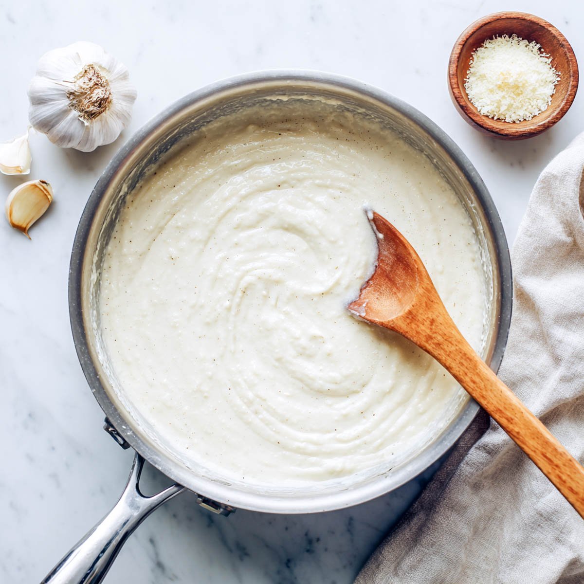 Cottage cheese Alfredo sauce simmering in a stainless steel pan with a wooden spoon, surrounded by garlic, Parmesan, and a beige napkin.