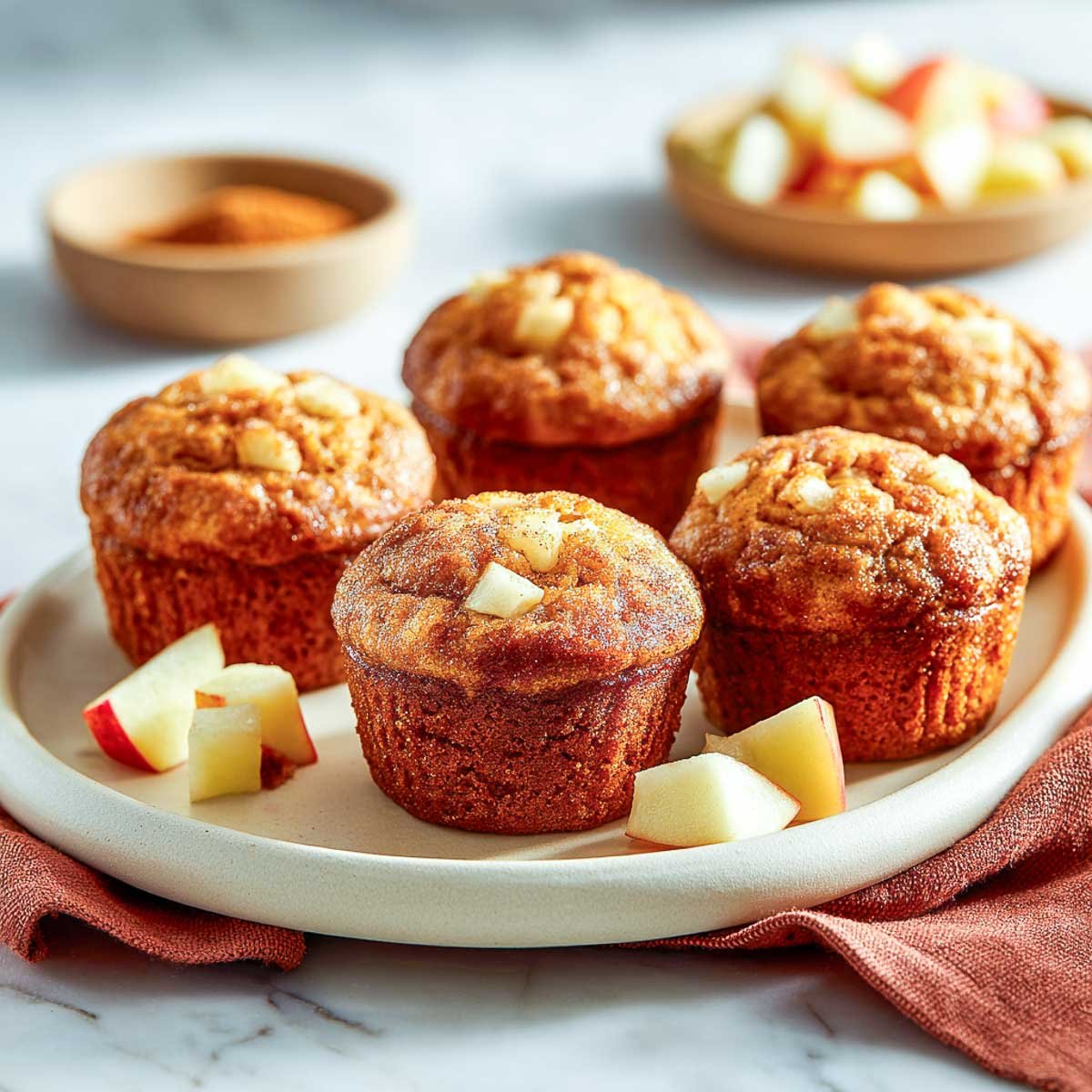Slightly angled view of apple cinnamon muffins with cottage cheese on ceramic plate.