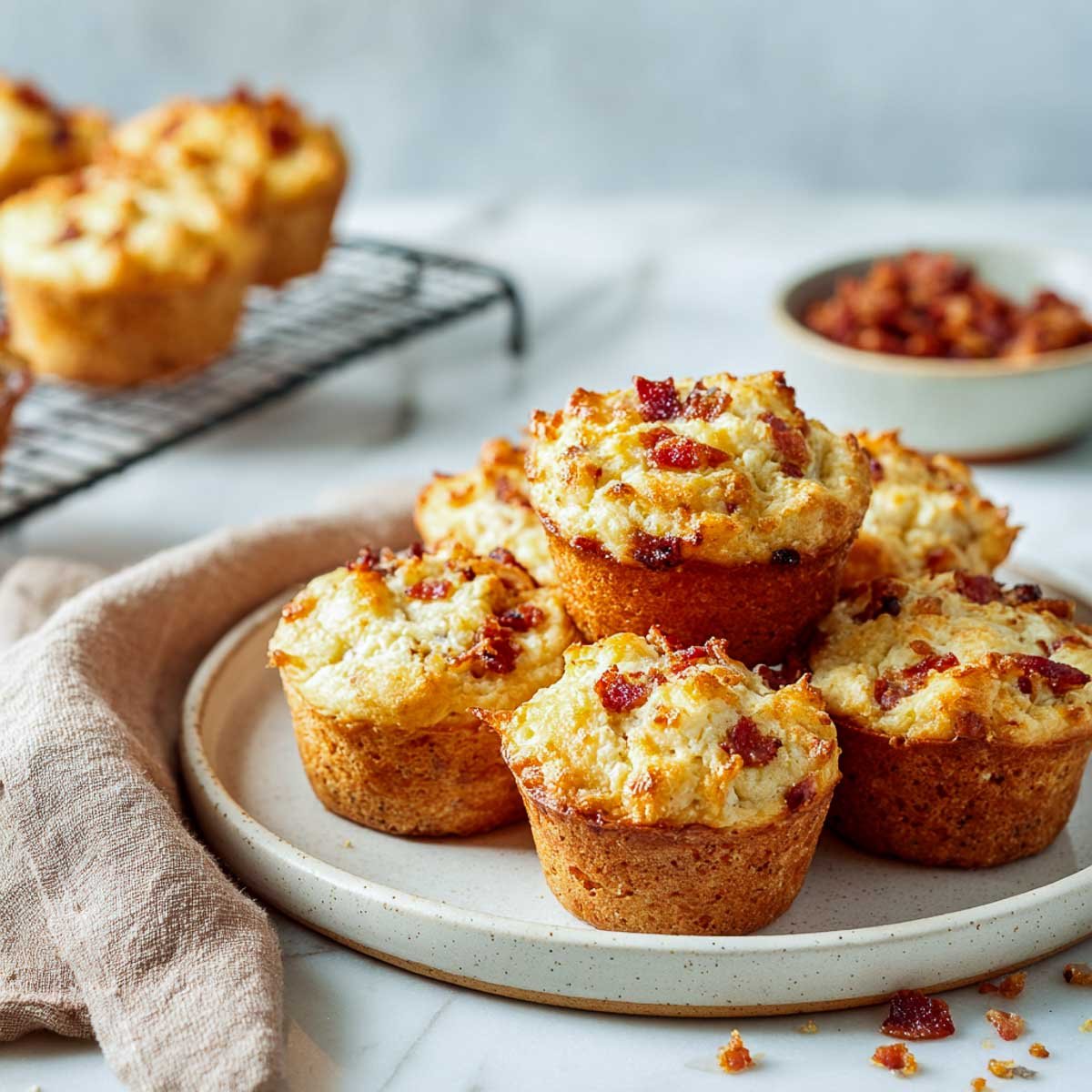 Angled view of savory bacon muffins with cottage cheese, scattered bacon crumbs, and a soft napkin.