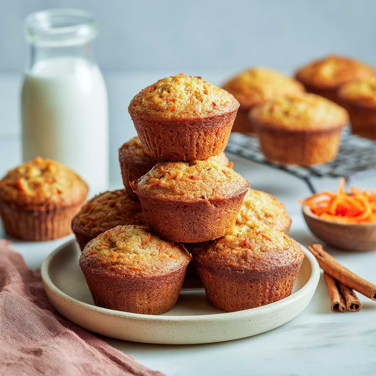 Angled view of stacked carrot cake muffins with cottage cheese on a plate and milk bottle.