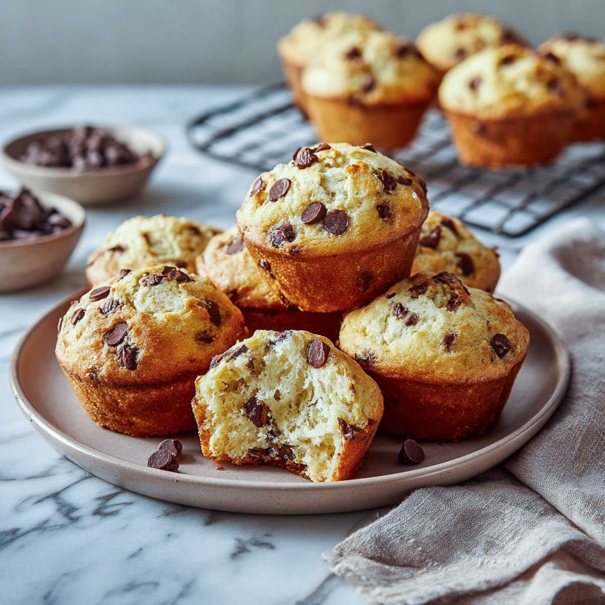 Top-down view of chocolate chip muffins on ceramic plate with one muffin broken open.