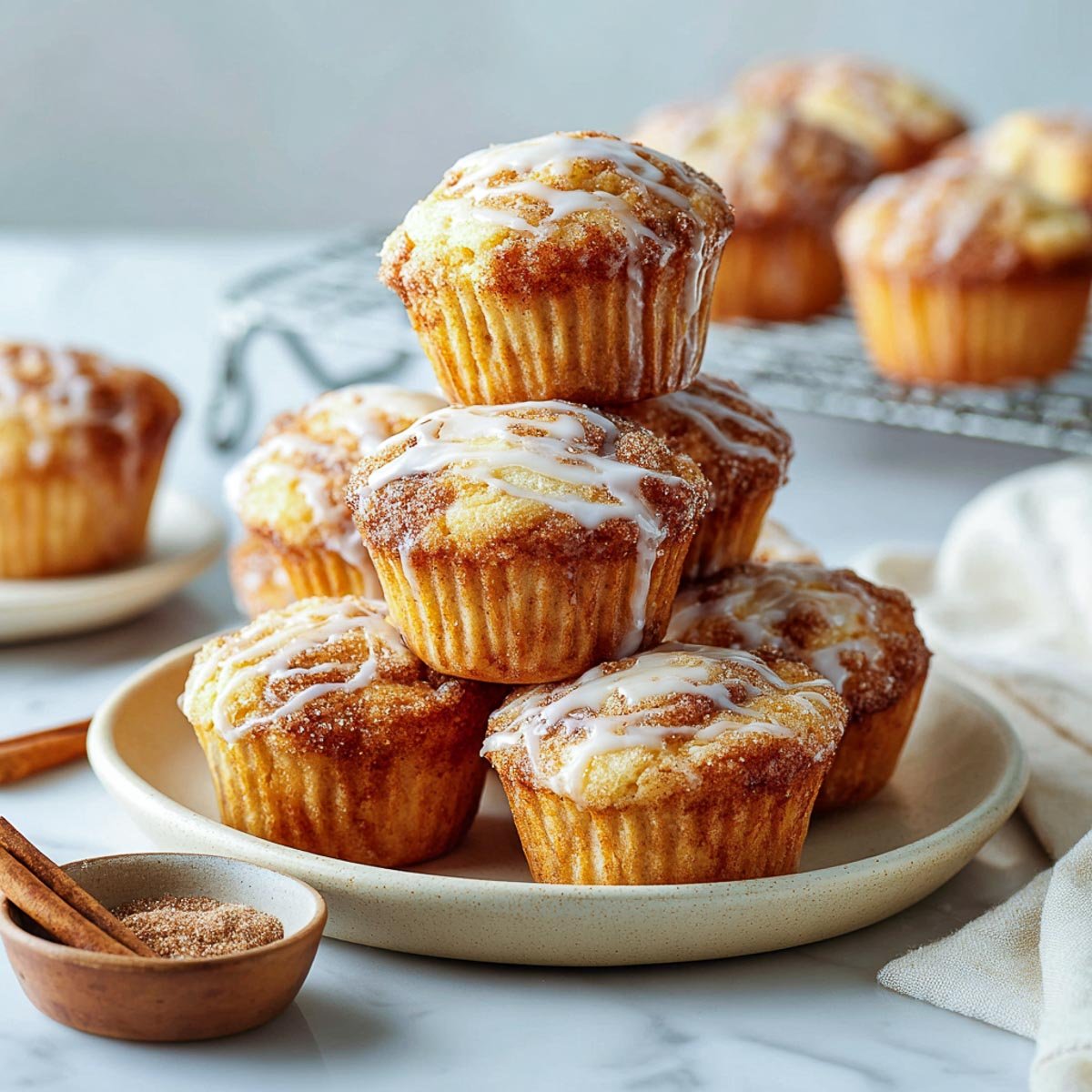 Angled view of cinnamon roll muffins with cottage cheese, icing drizzle, and stacked on a plate.