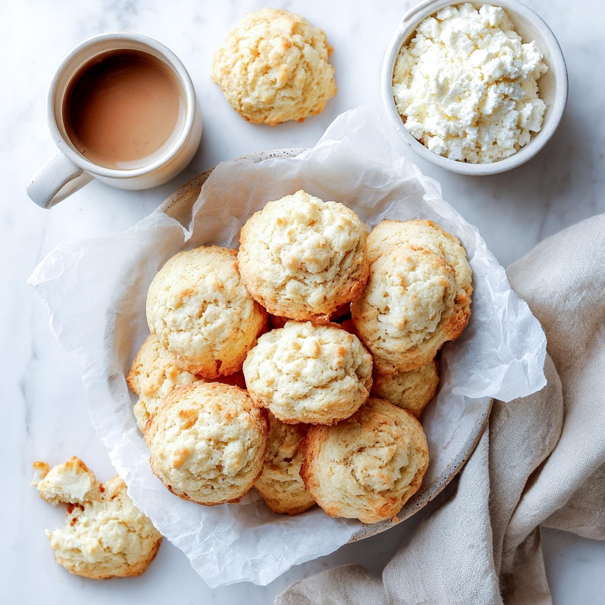 Overhead view of a parchment-lined bowl filled with soft, domed cottage cheese cookies, with a cup of coffee, cottage cheese bowl, and beige napkin.