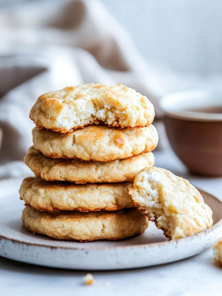 Close-up side view of a stack of golden cottage cheese cookies on a ceramic plate with one broken cookie in front, with a soft linen background.
