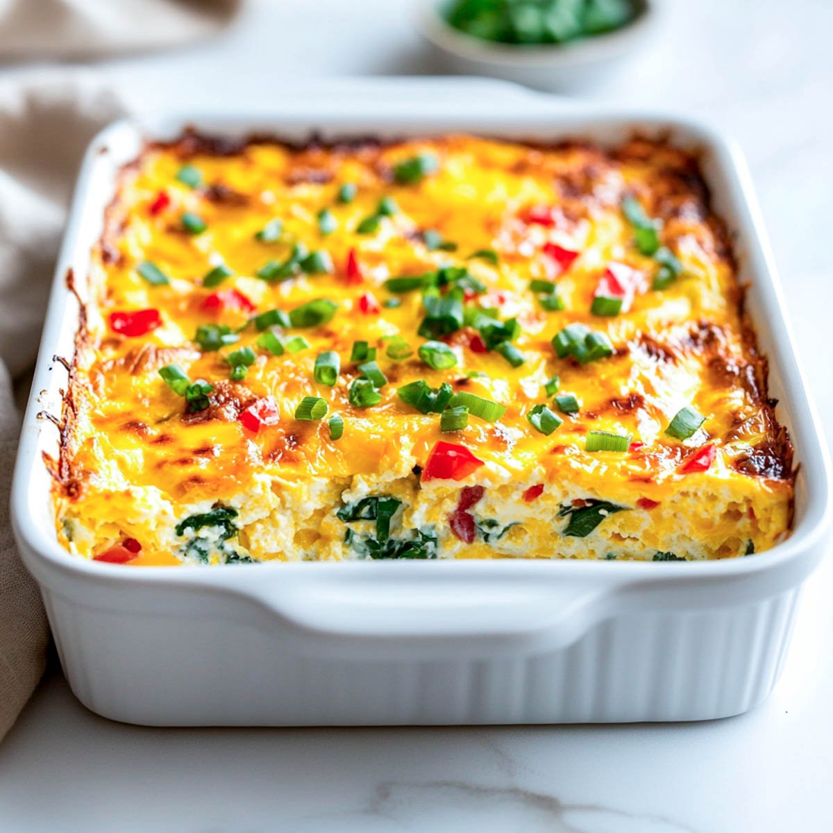 Overhead view of a baked cottage cheese egg casserole in a white dish, with golden-brown top, scattered diced peppers, and chopped green onions as garnish.