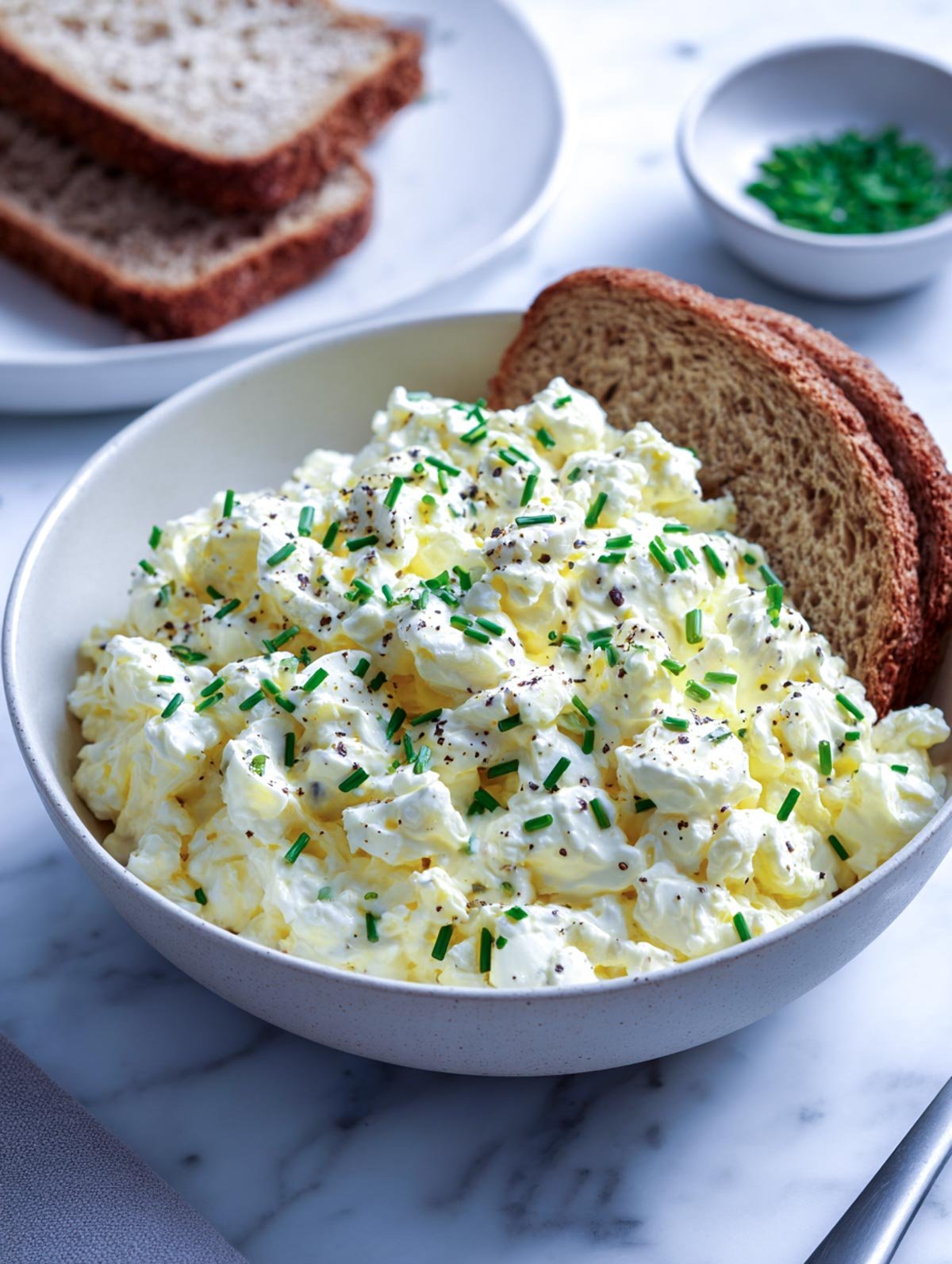 Side-angle shot of cottage cheese egg salad in a light ceramic bowl on a white marble surface, showing a creamy texture with chopped eggs, chives, and black pepper, accompanied by whole-grain toast and a small bowl of extra chives.