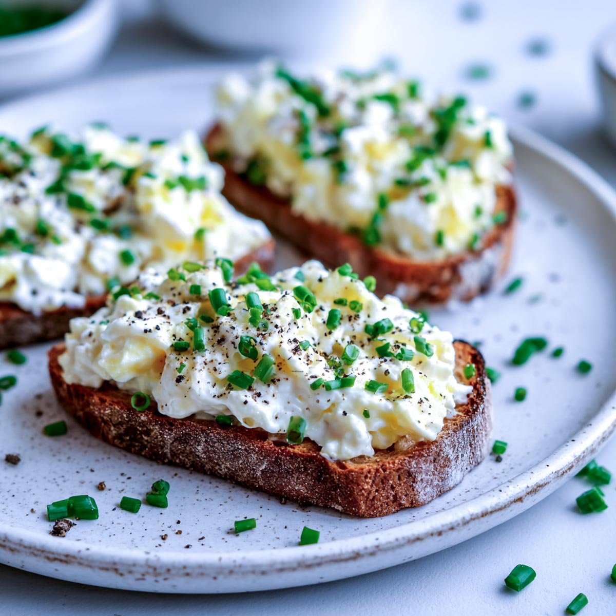 Close-up of cottage cheese egg salad spread on slices of whole-grain toast, topped with fresh chives and cracked black pepper, arranged on a white ceramic plate for an inviting serving suggestion.