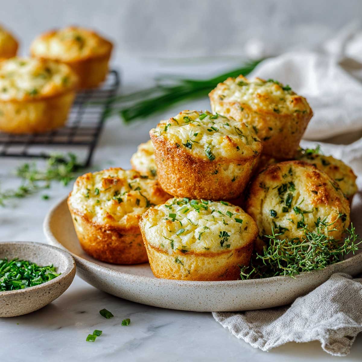Angled view of savory herb muffins with cottage cheese, fresh chopped herbs, and linen napkin.