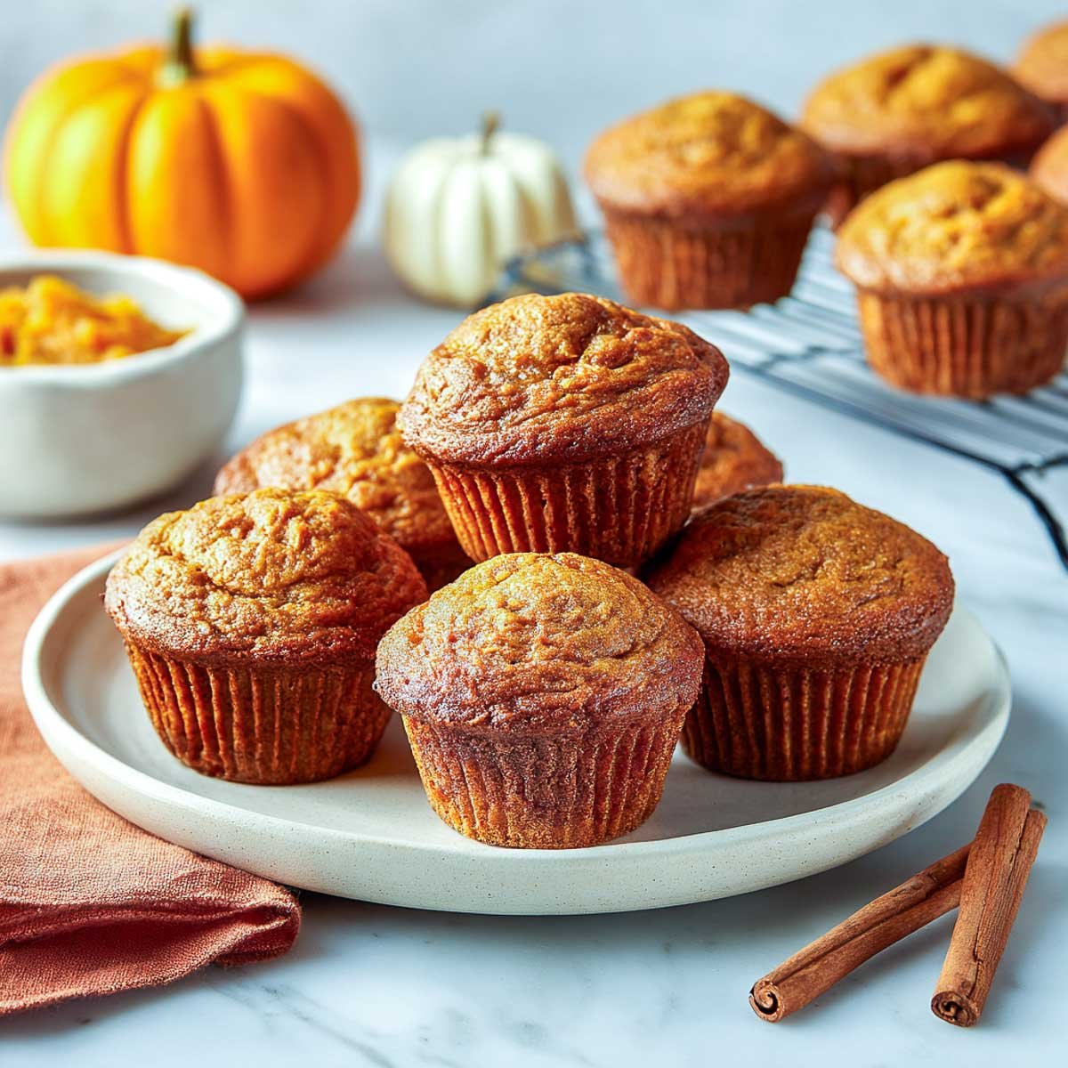 Angled view of pumpkin muffins with cottage cheese, small pumpkins, and cinnamon sticks.