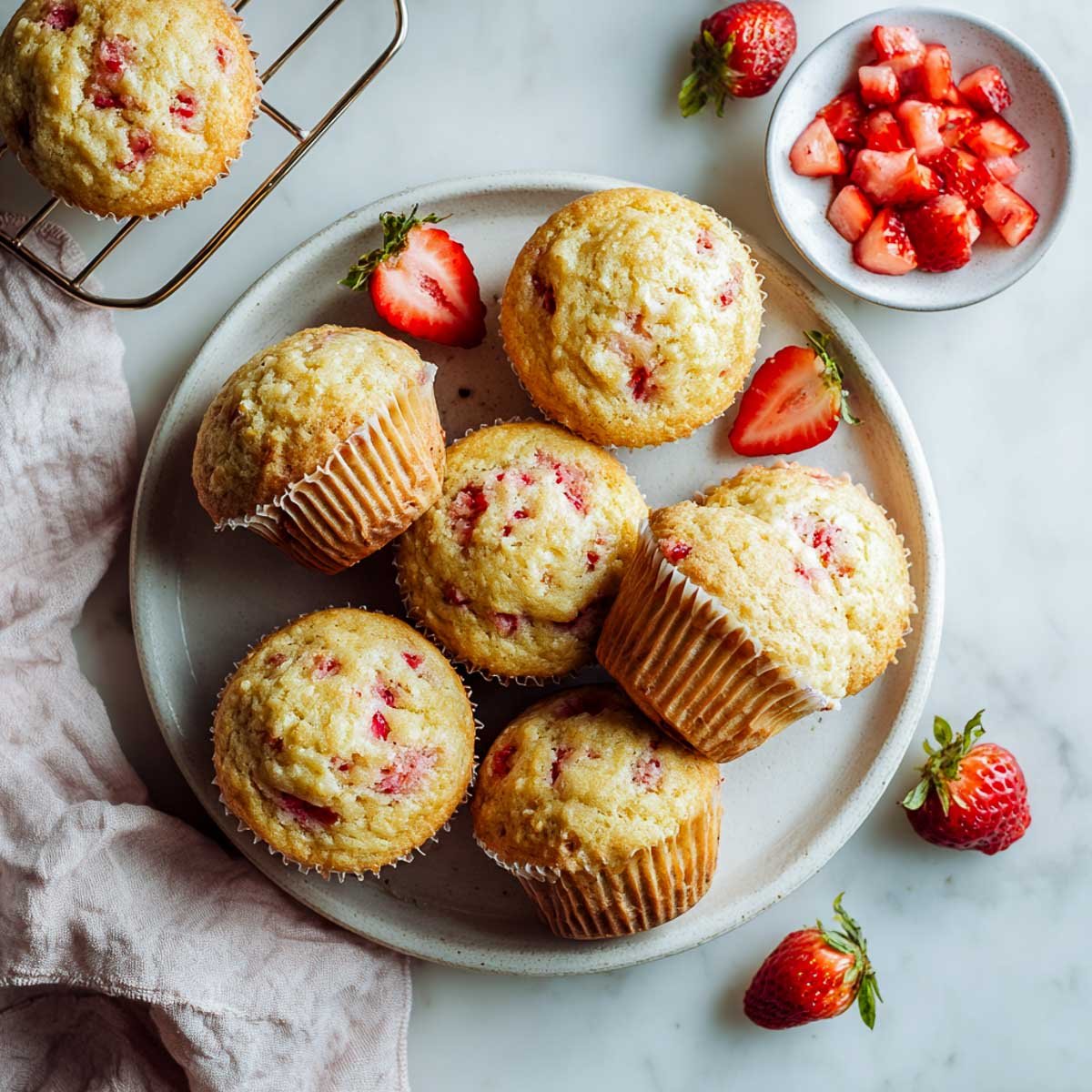 Top-down view of strawberry muffins with cottage cheese, fresh berries, and a pink napkin.