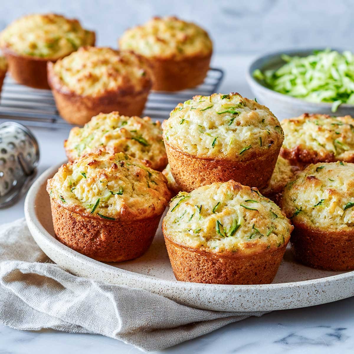 Angled view of zucchini muffins with cottage cheese, shredded zucchini, and grater in frame.