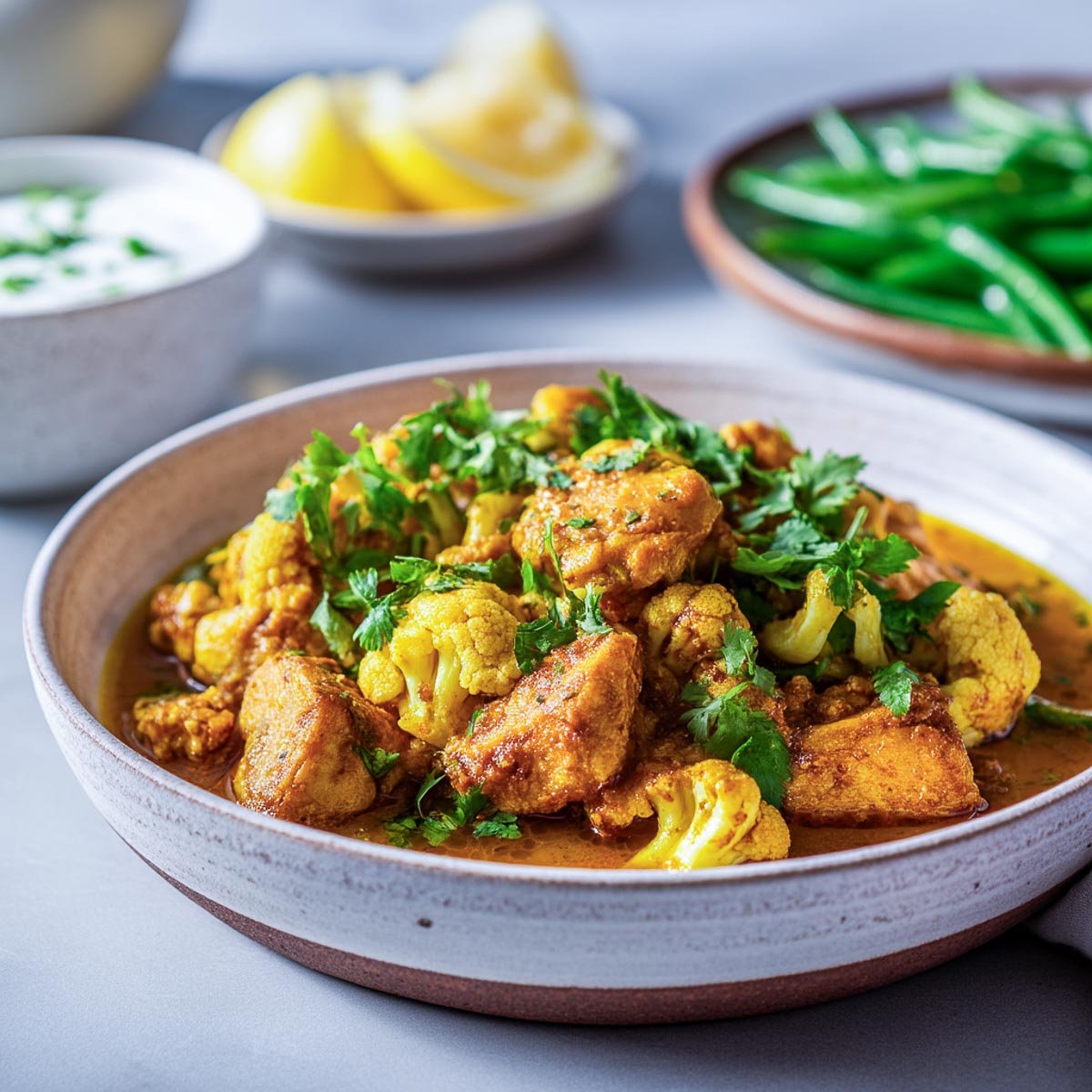 Angled shot of curry with cauliflower and chicken in sauce, yogurt and green beans nearby.
