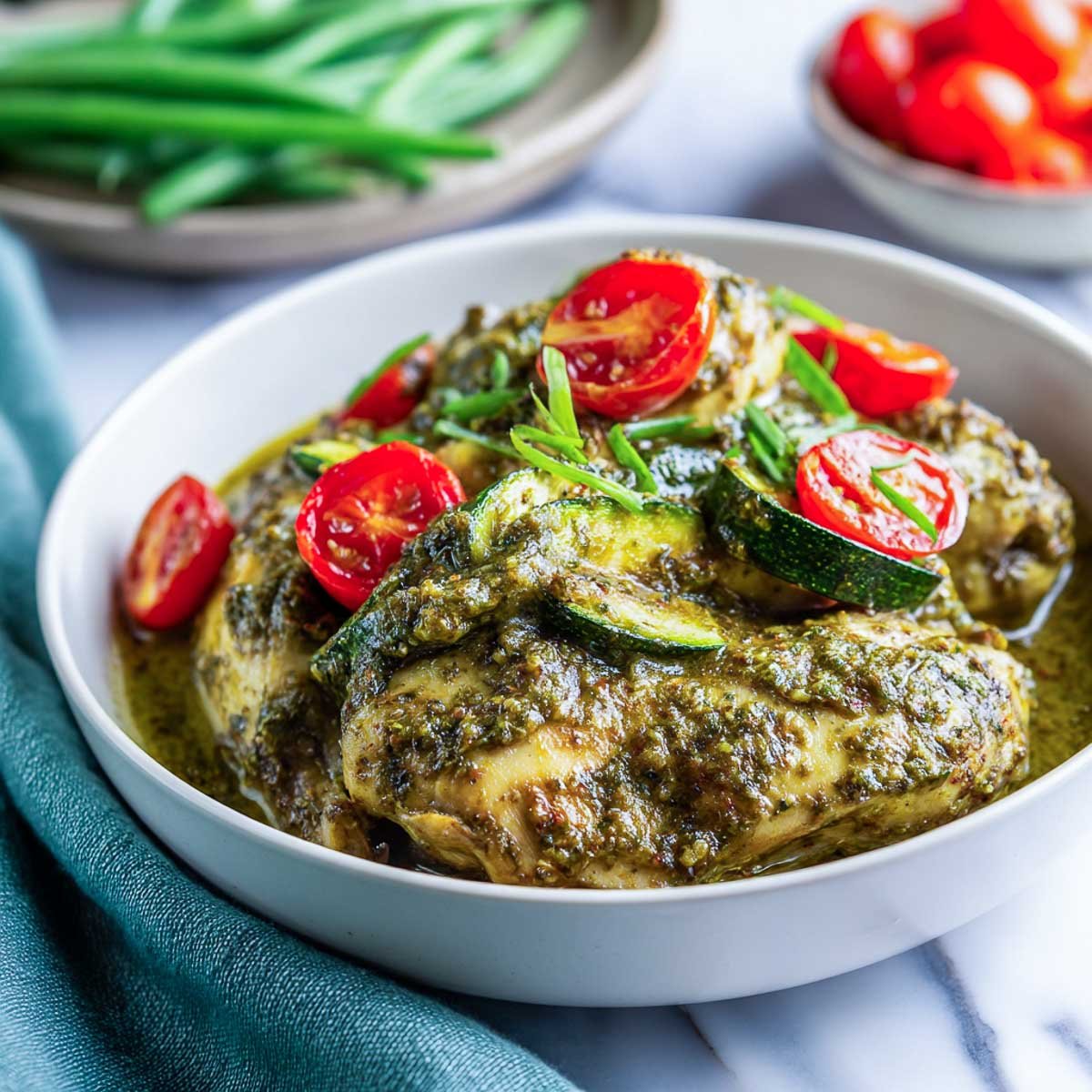 Slightly angled view of pesto chicken in a white bowl with vegetables.