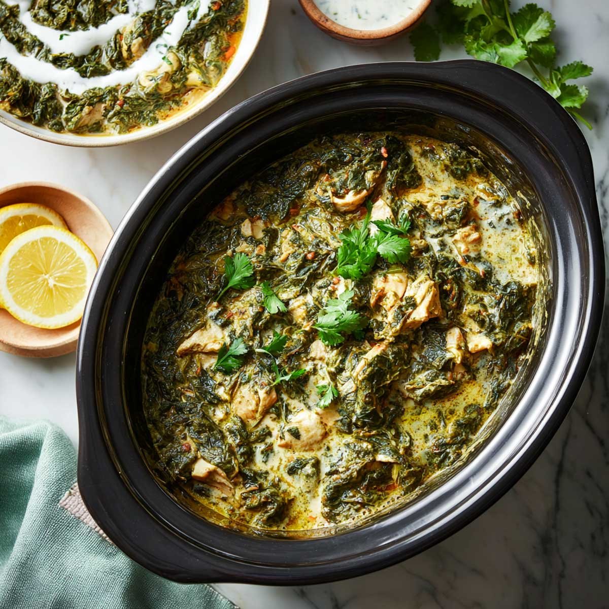 Top-down view of Crockpot Saag Chicken in a black slow cooker, featuring chopped spinach and tender chicken in a creamy, spiced sauce. Surrounded by a sage green napkin, lemon slices, and a bowl of yogurt on a white marble surface.