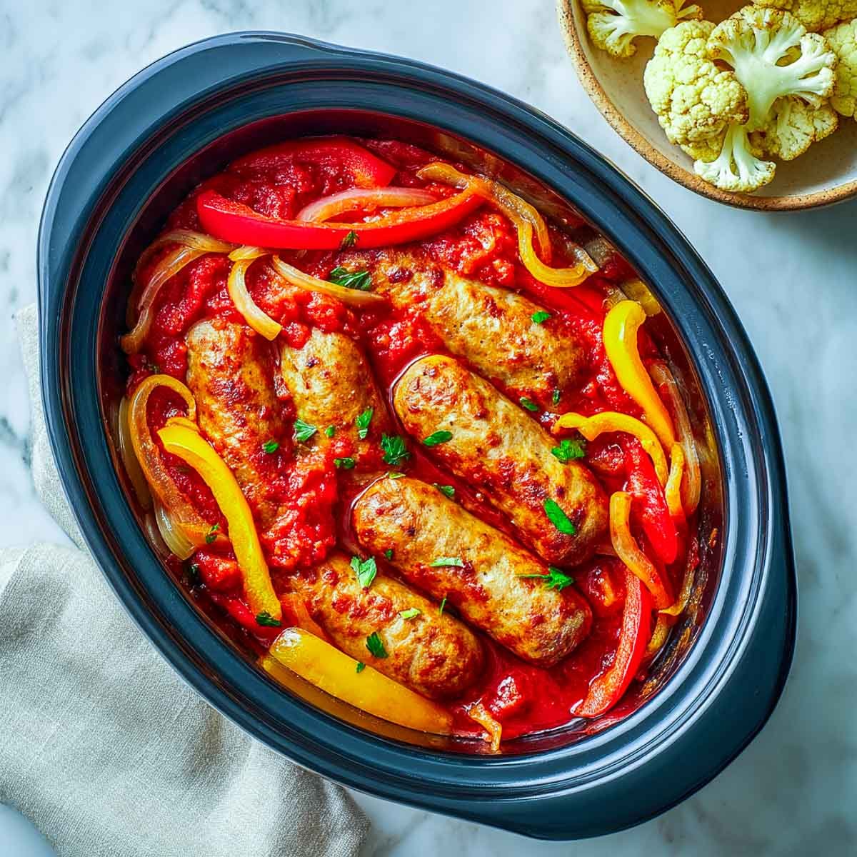Sausages with bell peppers and onions in tomato sauce inside a black crockpot.