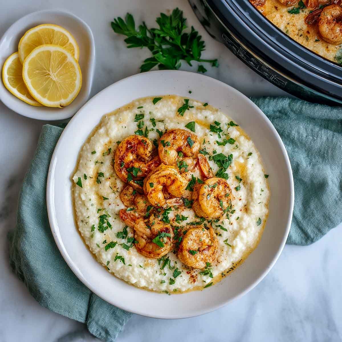 Top-down view of shrimp over cauliflower grits in a plate.