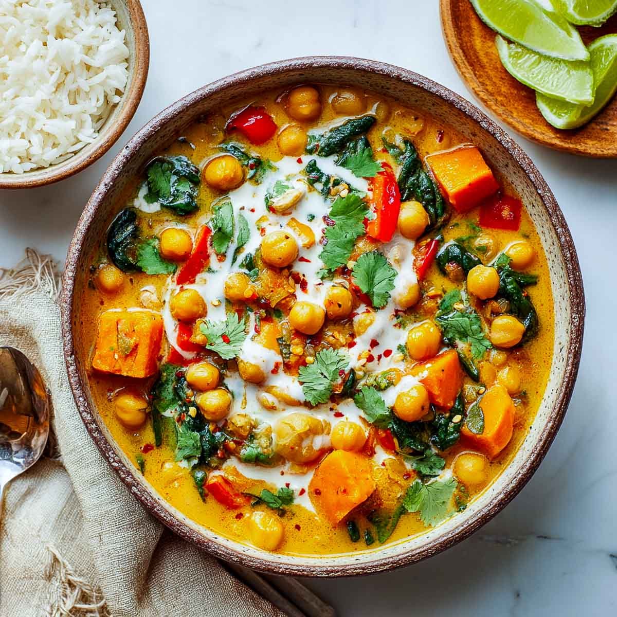 Curried chickpea stew in a wide serving bowl.