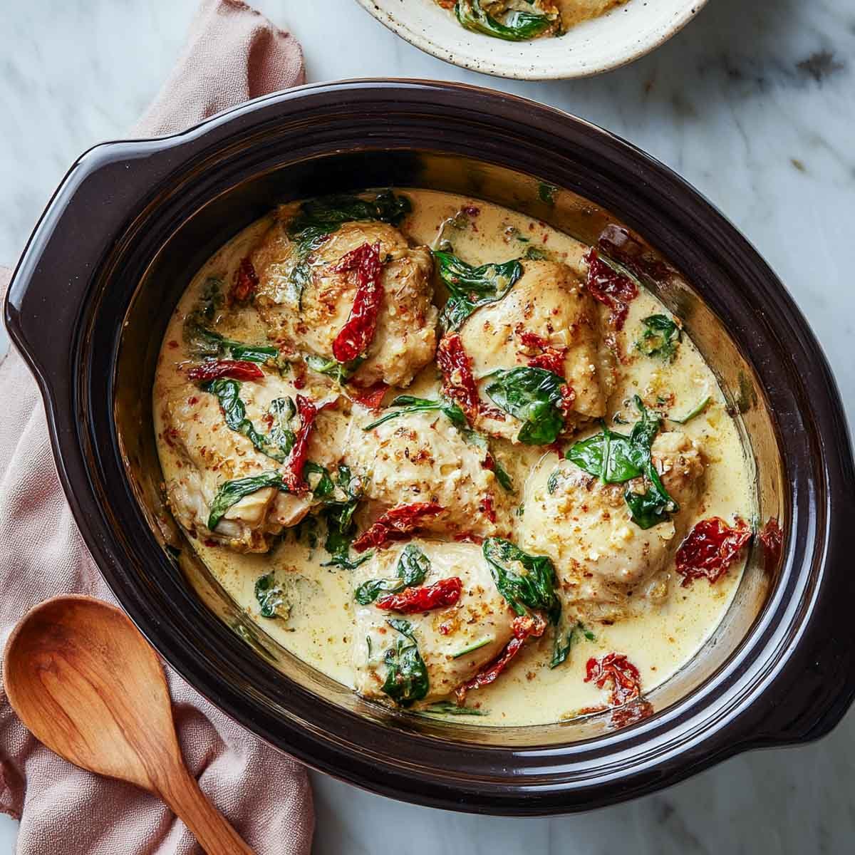 Golden garlic cream sauce with chicken thighs in a black crockpot.