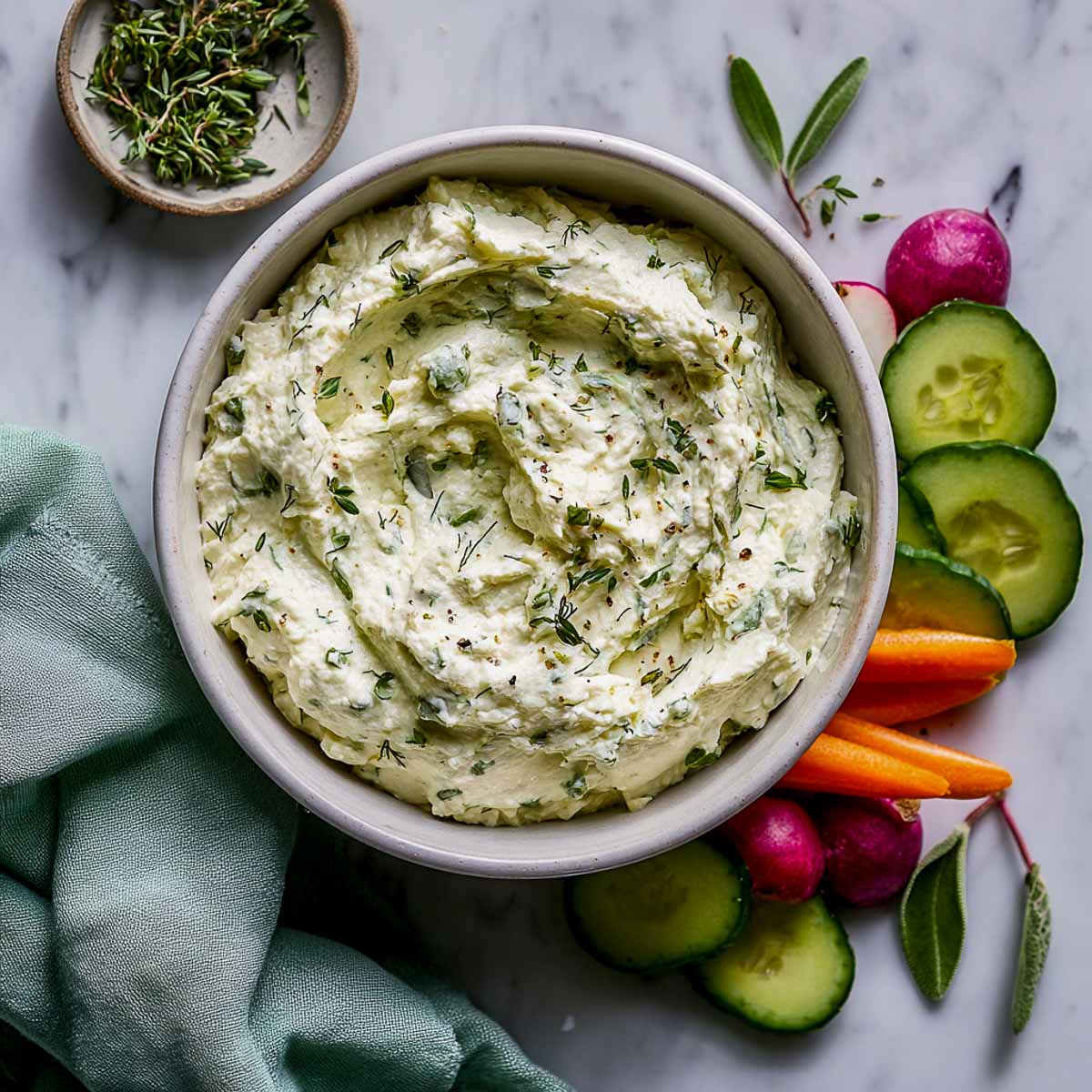 Whipped cottage cheese dip with herbs served with radishes and cucumbers.