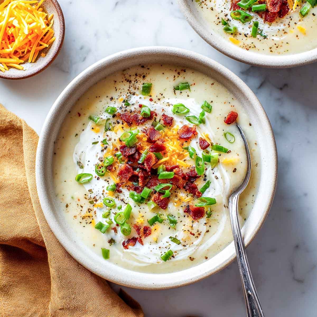 Creamy baked potato soup topped with Greek yogurt, bacon, cheddar, and green onions.