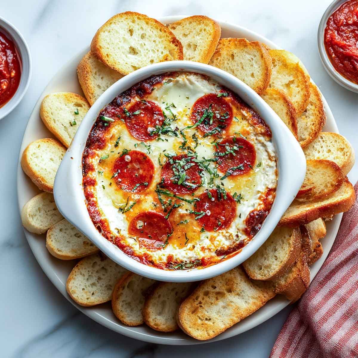 Baked pizza dip with cheese and pepperoni served in white bowl with bread slices.