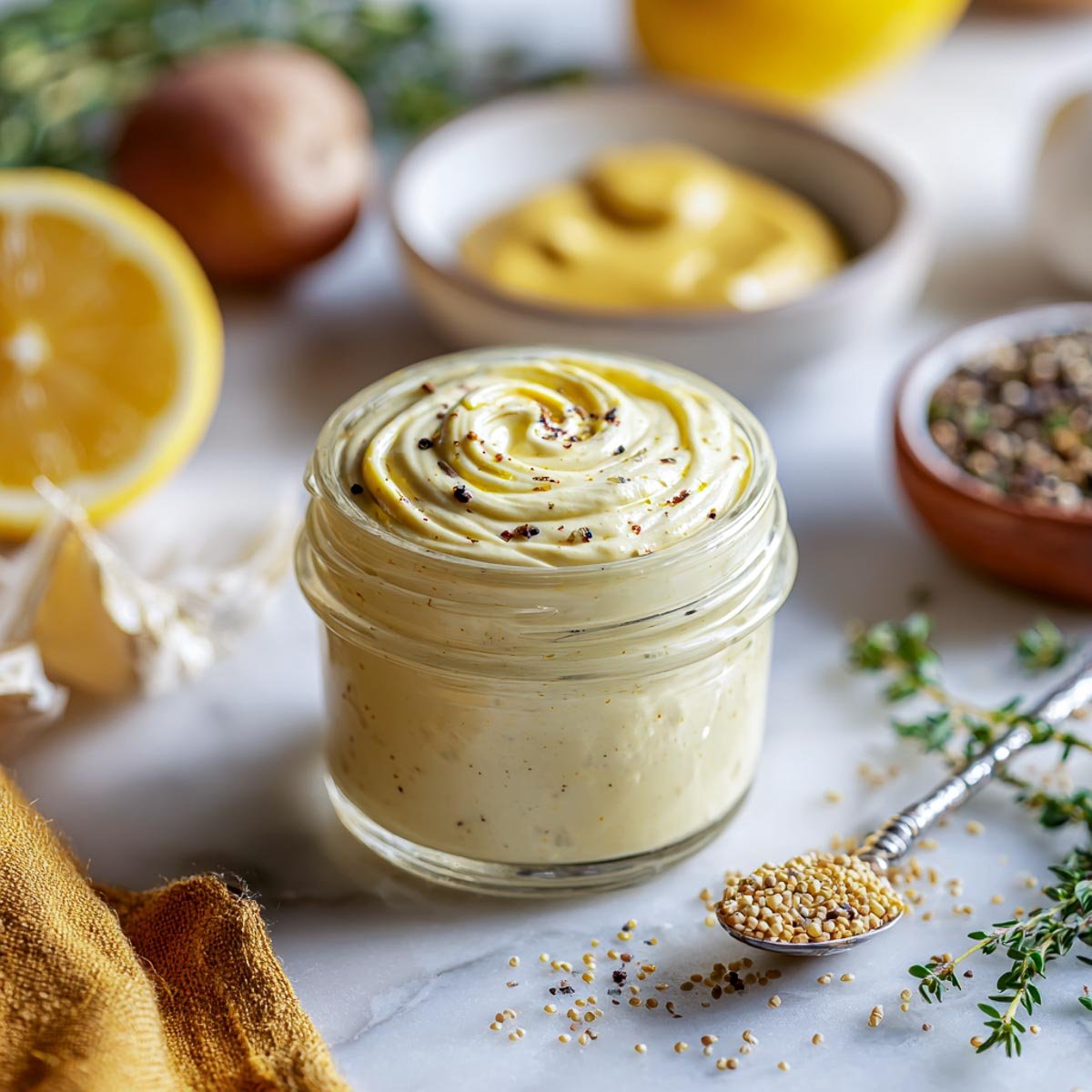 Creamy honey mustard yogurt marinade in a glass jar with mustard seeds and lemon.