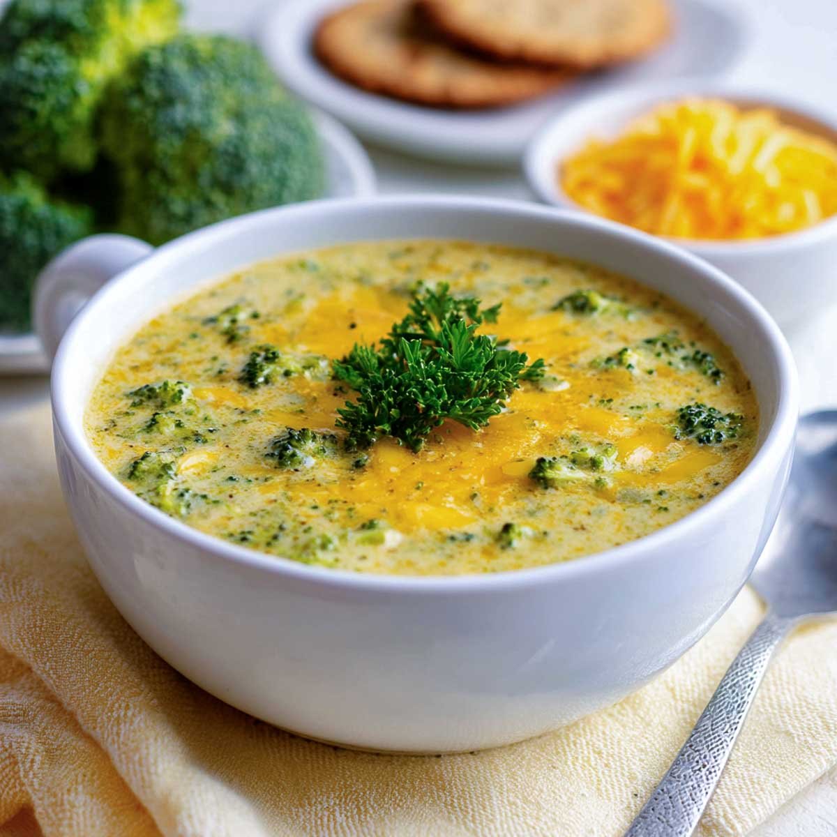 Side view of broccoli cheese soup in a white bowl.