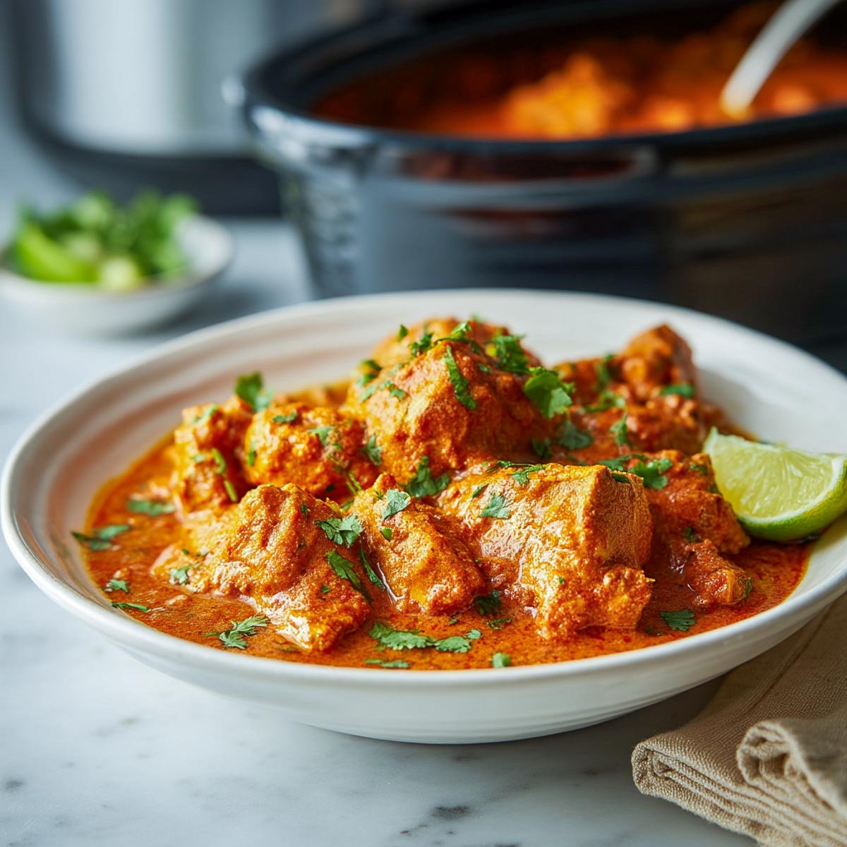 Butter chicken in a white bowl with orange sauce and fresh cilantro on top.