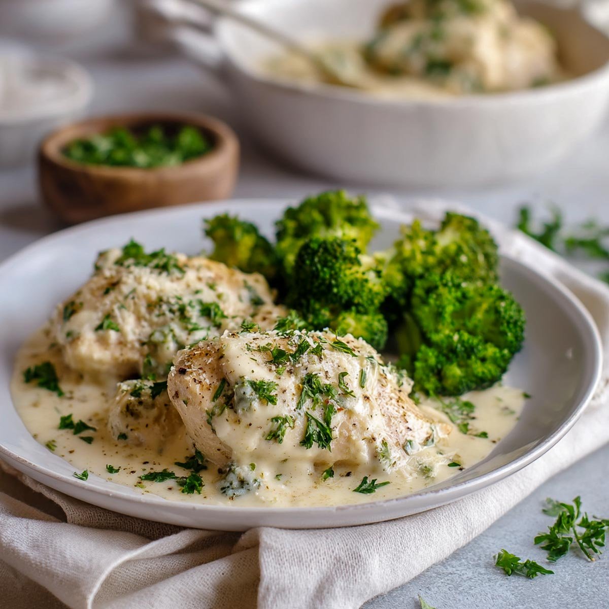 Side view of creamy chicken in Alfredo sauce.