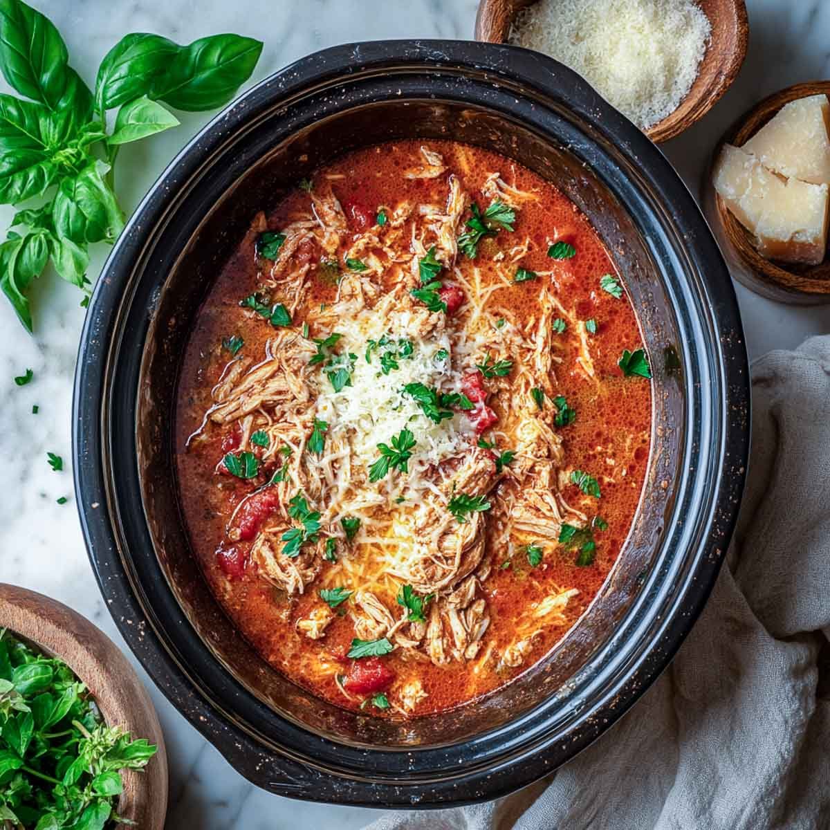 Top-down view of keto crockpot chicken parm soup with melted cheese and parsley.