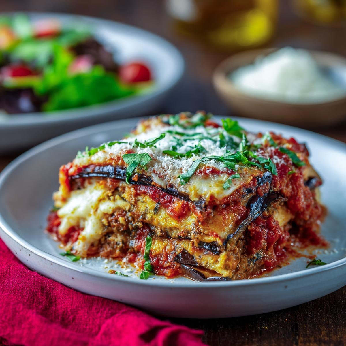 Slightly angled serving bowl of layered eggplant lasagna with rich tomato sauce.