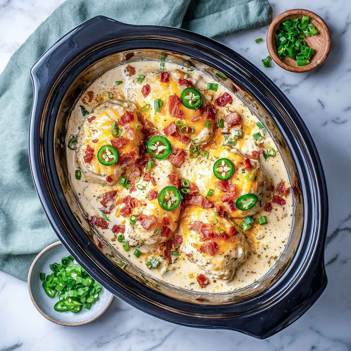 Top-down view of creamy  keto crockpot jalapeño popper chicken topped with bacon and jalapeños.