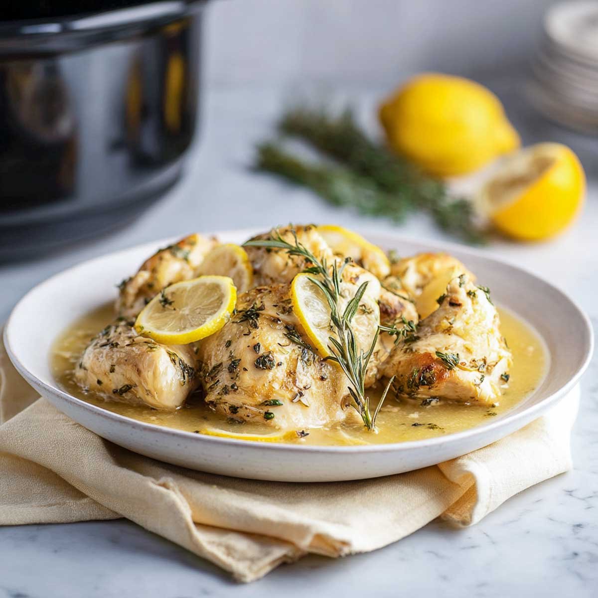Plate of lemon herb chicken with sauce and grilled asparagus, napkin under plate.