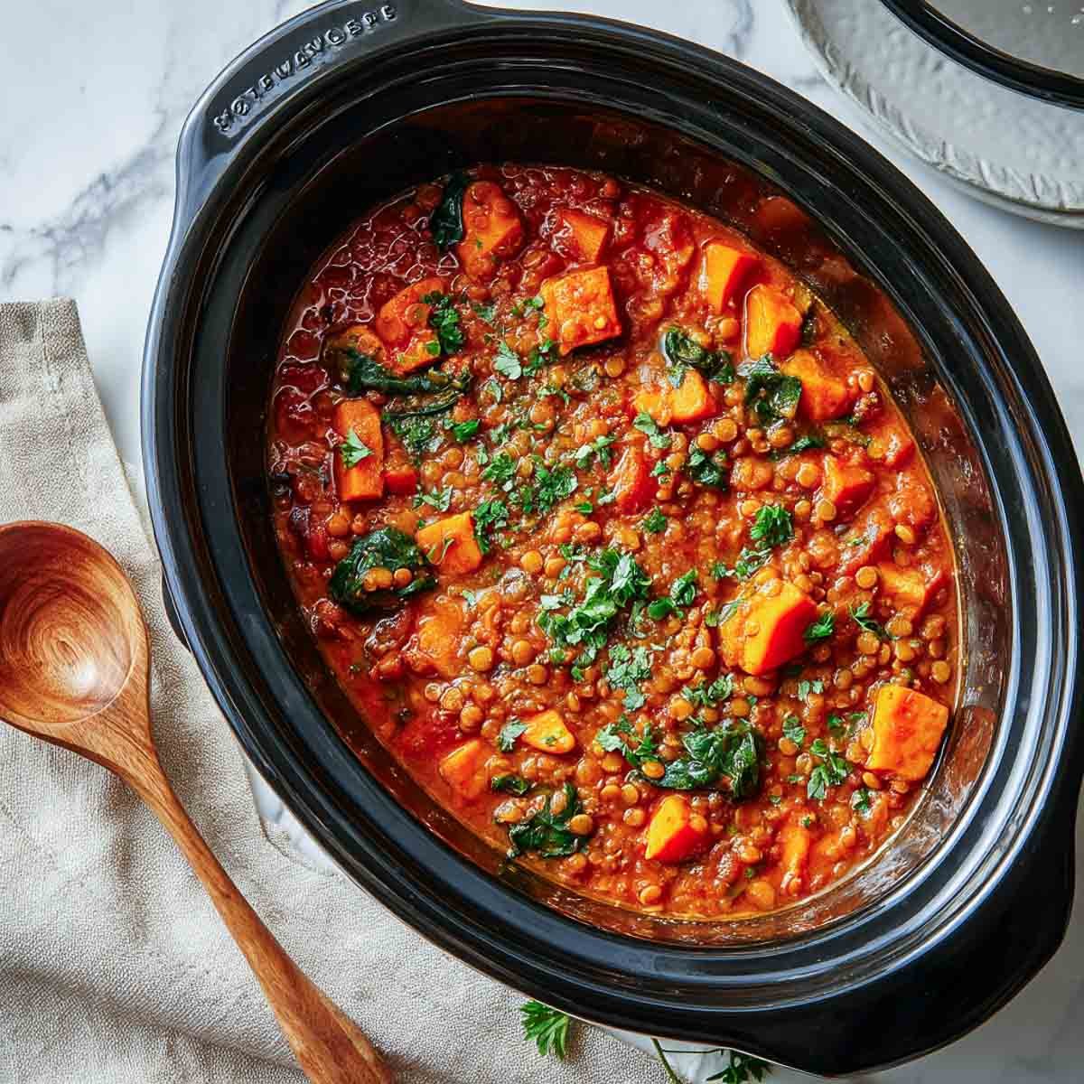 Lentil and sweet potato stew in a crockpot.