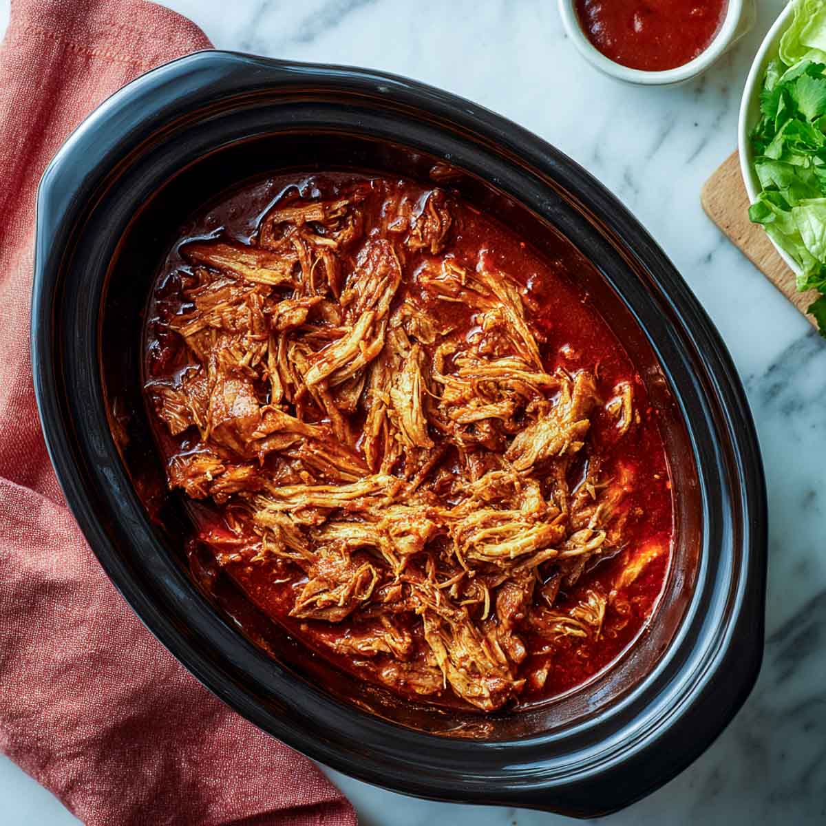 Pulled pork in BBQ sauce inside a black crockpot with red napkin and lettuce on side.