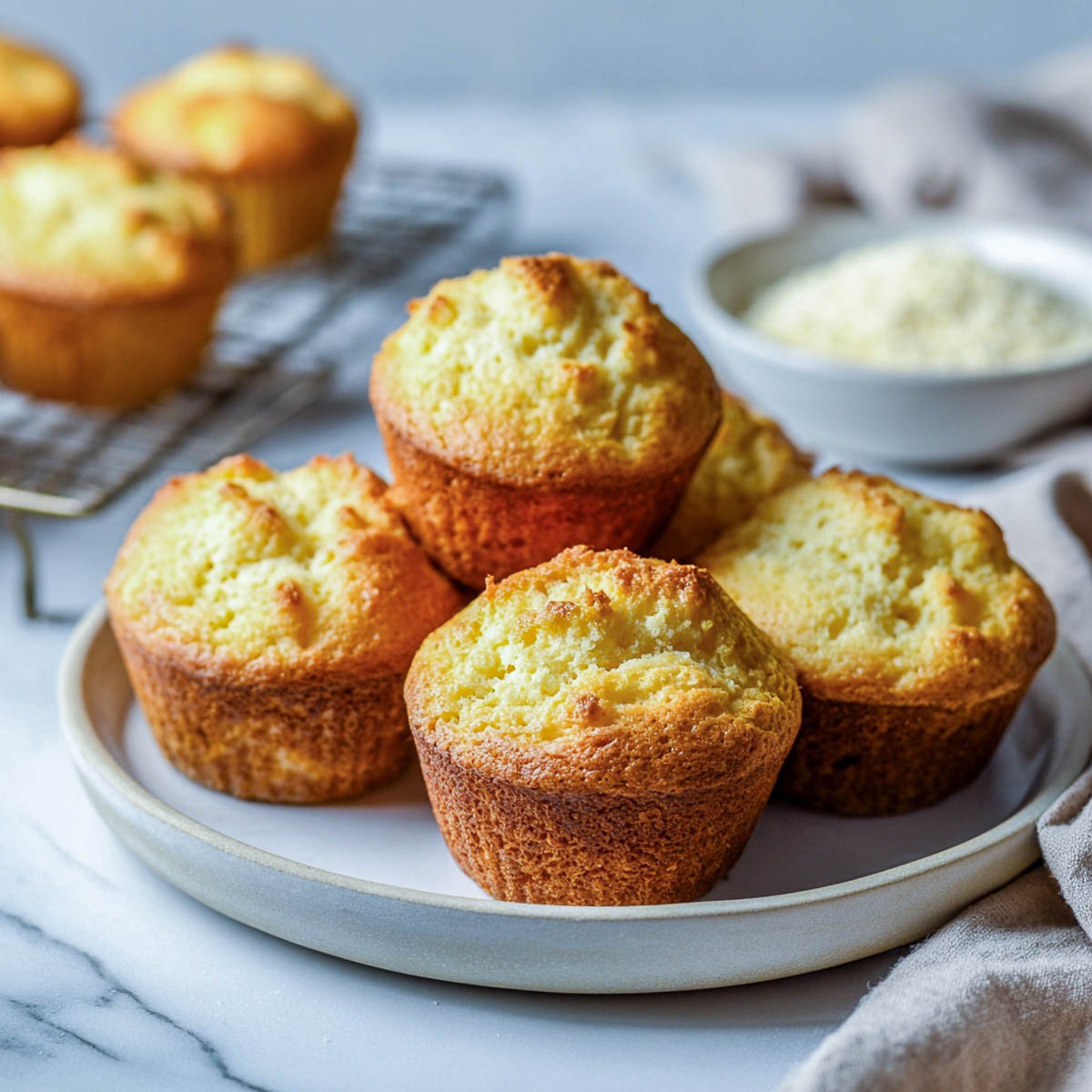 Angled view of plain low carb muffins with cottage cheese, almond flour bowl, and beige napkin.