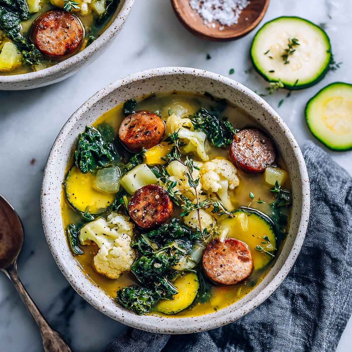Sausage and vegetable soup with zucchini, cauliflower, and kale in a rustic bowl.