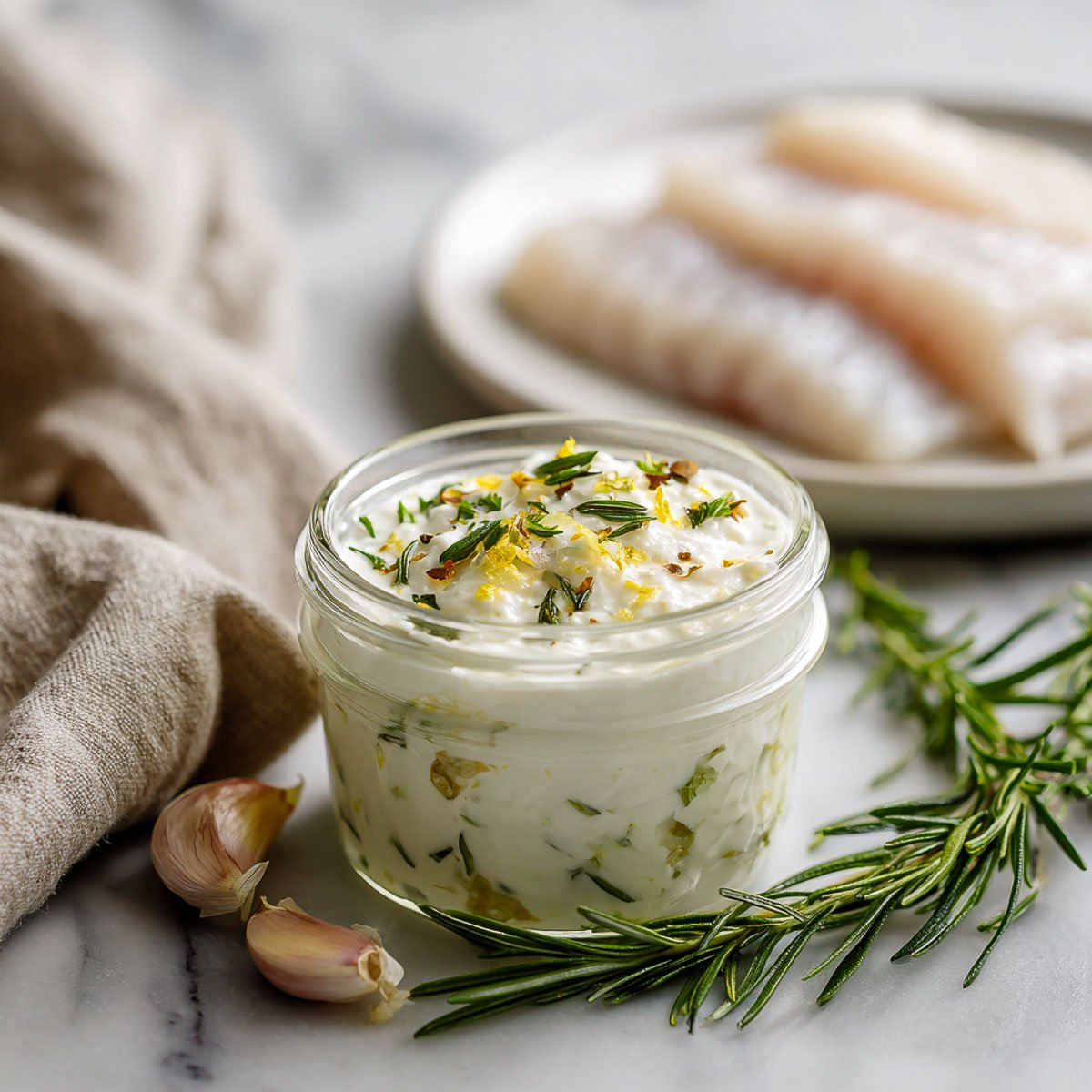 Yogurt marinade with rosemary and lemon zest in a glass jar beside raw fish.