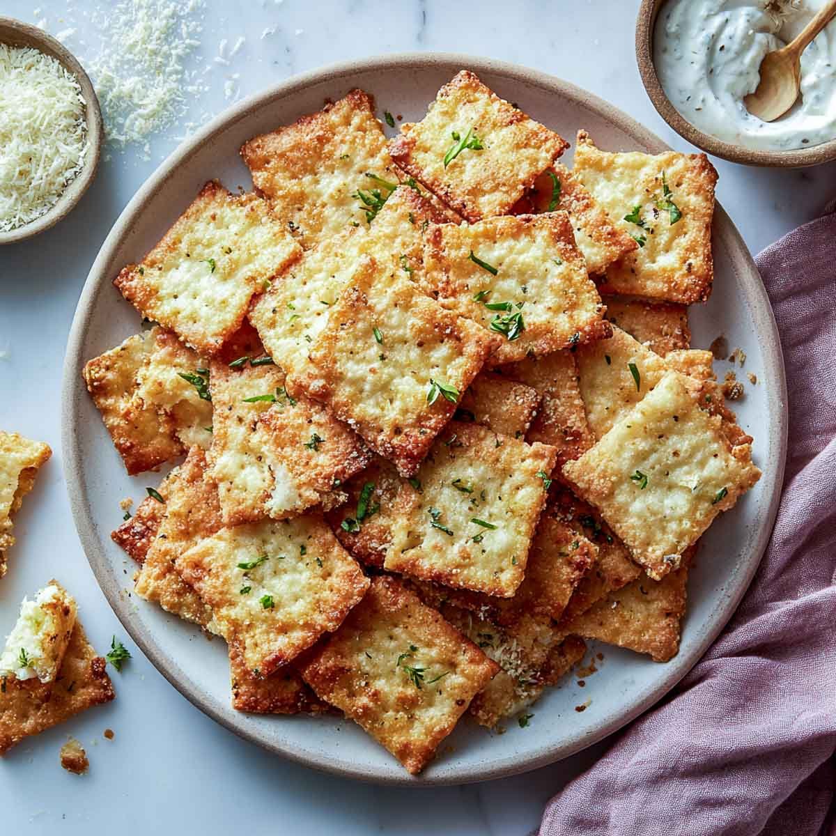 Top-down view of golden cottage cheese crackers with dip, herbs, and napkin.
