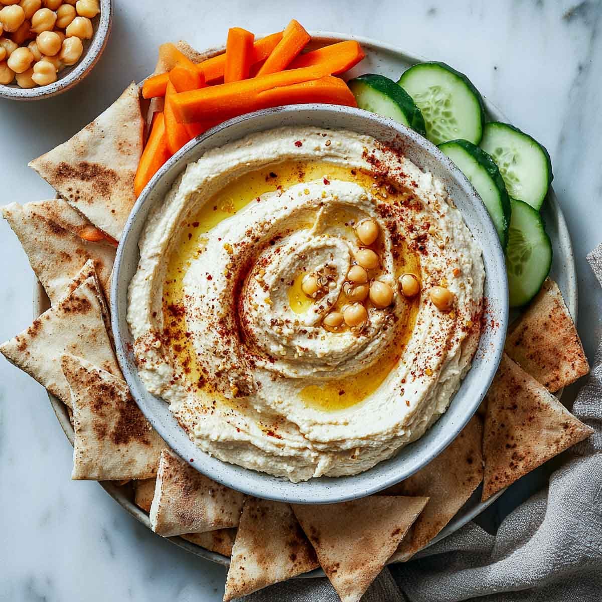 Creamy hummus with chickpeas, paprika, and olive oil, served with pita and veggies.