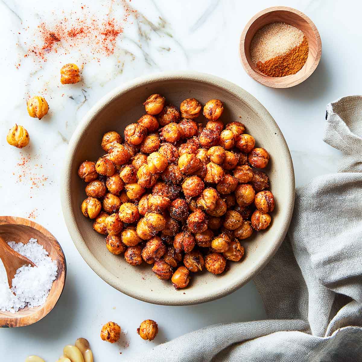 Top-down view of crispy roasted chickpeas with spices and salt on marble.
