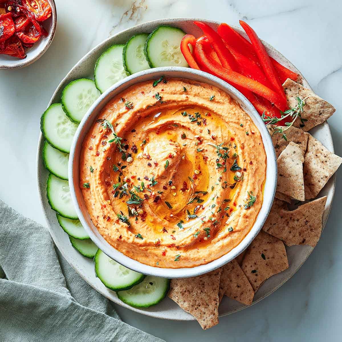 Creamy red pepper dip with herbs, olive oil, and pita chips on the side.