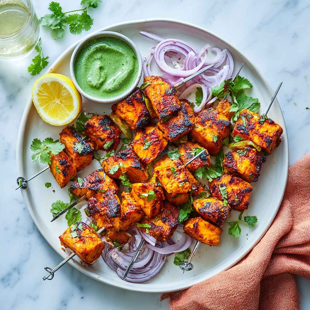 Top-down view of salmon tikka skewers with chutney, lemon, and red onions.