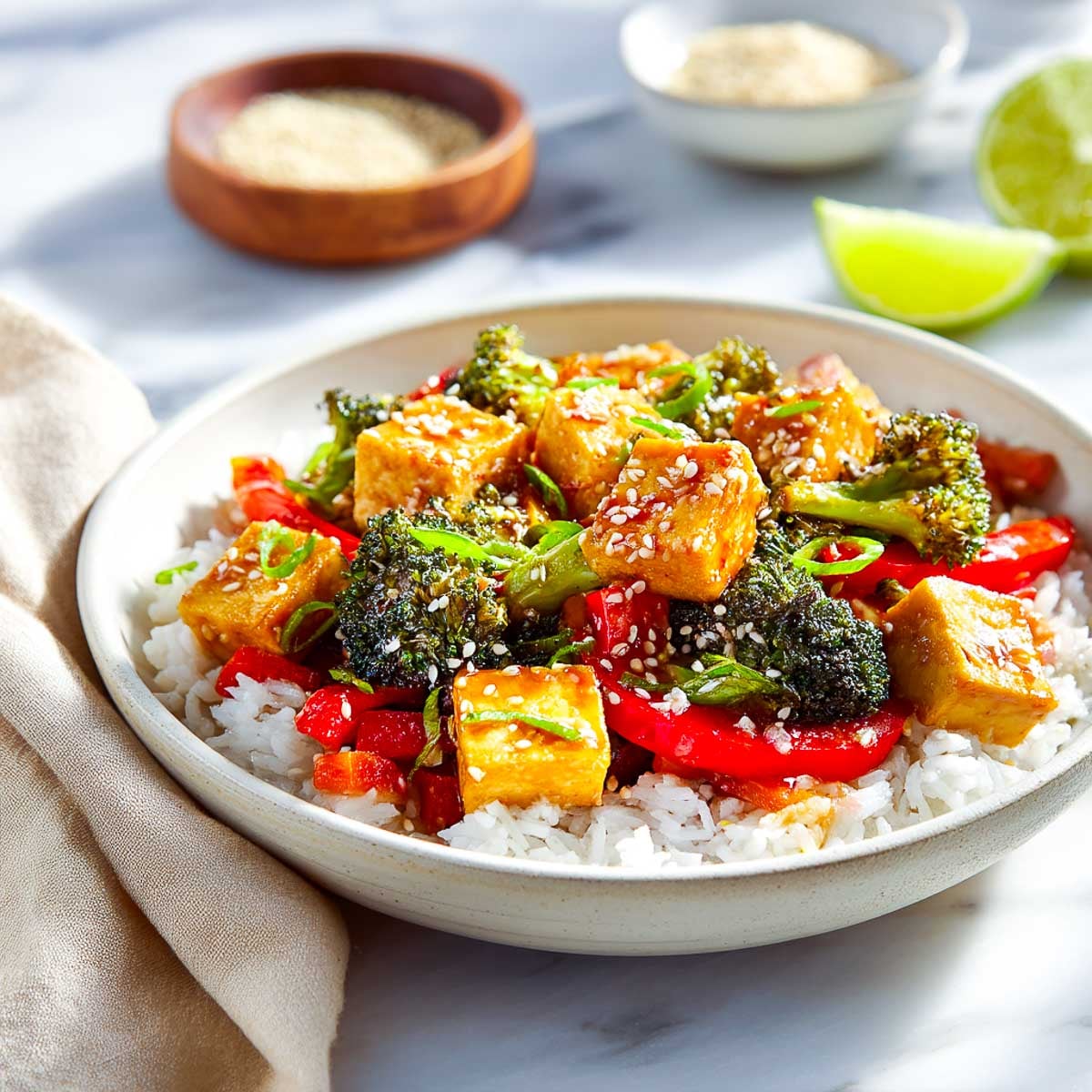 Side-angle view of tofu and broccoli in glossy soy-ginger sauce served over white rice in an off-white ceramic bowl, garnished with sesame seeds and green onion, with lime and sesame props in the background.