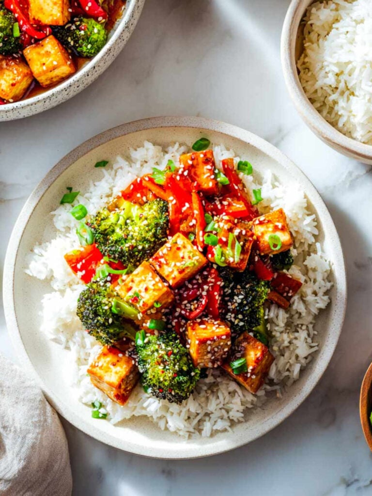Top-down view of a single serving of tofu and broccoli over white rice in an off-white ceramic bowl, garnished with sesame seeds and green onion.